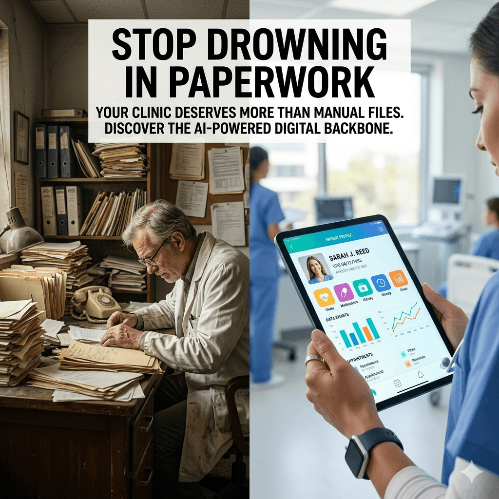 DocBase AI-powered clinic management dashboard showing appointment calendar with automated scheduling, patient list with WhatsApp integration, and real-time analytics for healthcare providers