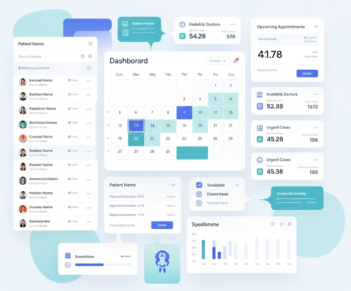 DocBase AI-powered clinic management dashboard showing appointment calendar with automated scheduling, patient list with WhatsApp integration, and real-time analytics for healthcare providers