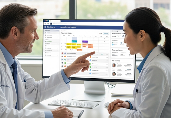 Healthcare team using DocBase clinic management system featuring doctors and staff collaborating with AI-powered appointment scheduling and patient management technology